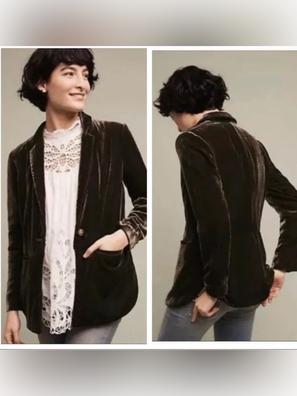 CARTONNIER for Anthropologie Green Velvet Floral Lining Blazer Size 4